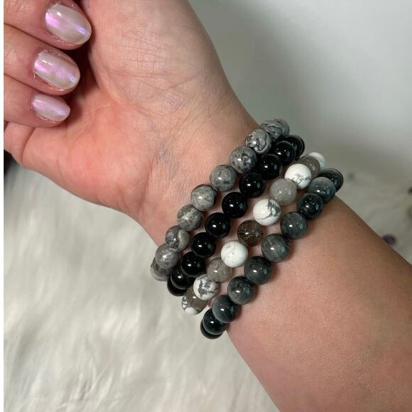 Black & White Crystal Bracelet Stack- Jasper, Obsidian & Black Tourmaline + more - Picture 3 of 4